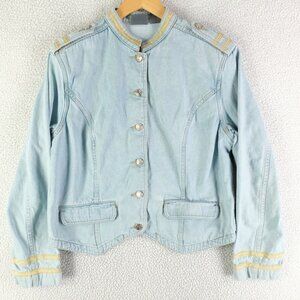 Vintage Jean Jacket Womens 14 Blue Gold Striped Button Up Military 90s Y2K